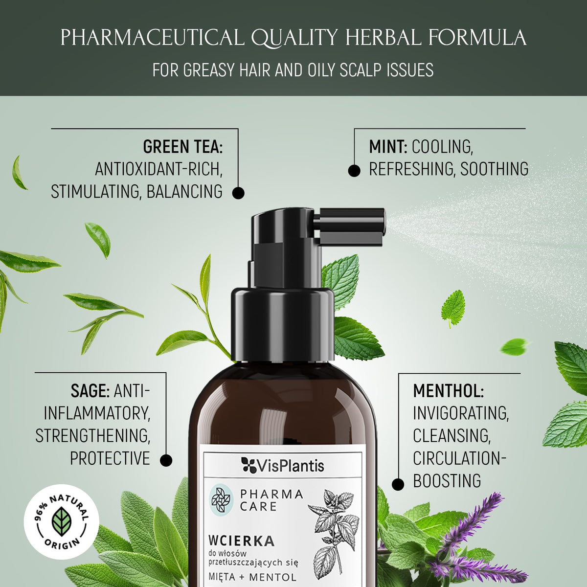 Vis Plantis Leave-in Scalp Tonic with Mint & Menthol - 150 ml Sebum Control Lotion for Oily Hair & Roots - Oily Scalp Moisturiser, Soothing & Cooling Hair Tonic - Nourishing Greasy Hair Care Treatment