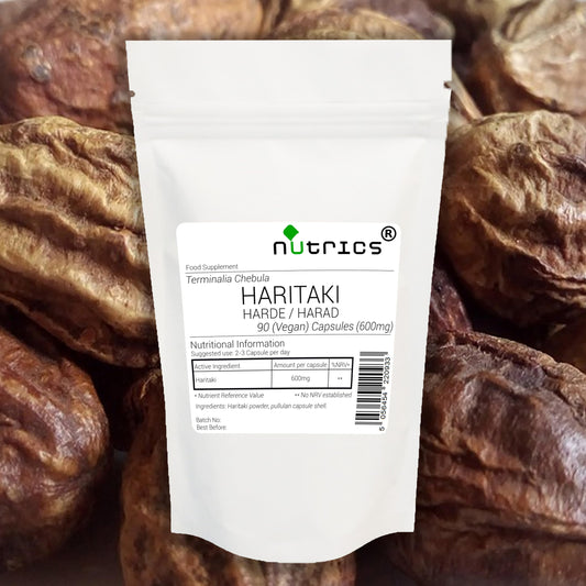 Nutrics® 600mg HARITAKI Harad Harde 100% Pure 90 V Capsules (1 Month Supply) - Terminalia Chebula - Suitable for Vegan Vegetarian Halal & Kosher Diet