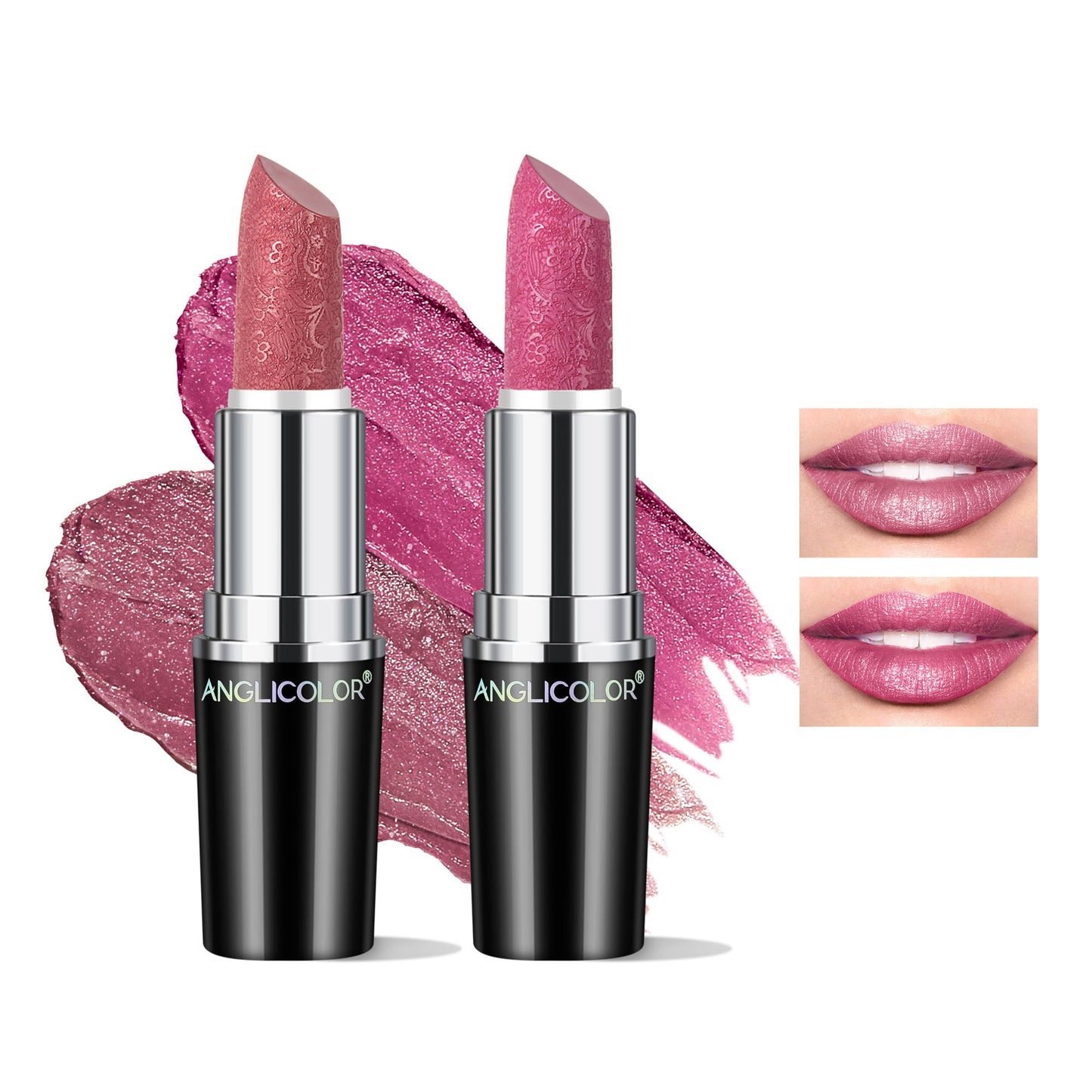 Anglicolor 2PCS Metallic Glitter Lipstick,Lipstick Highly Pigmented,Glitter lipstick Moisturising,Velvety smooth application,Creamy sculpted design lipstick (#11+#15)