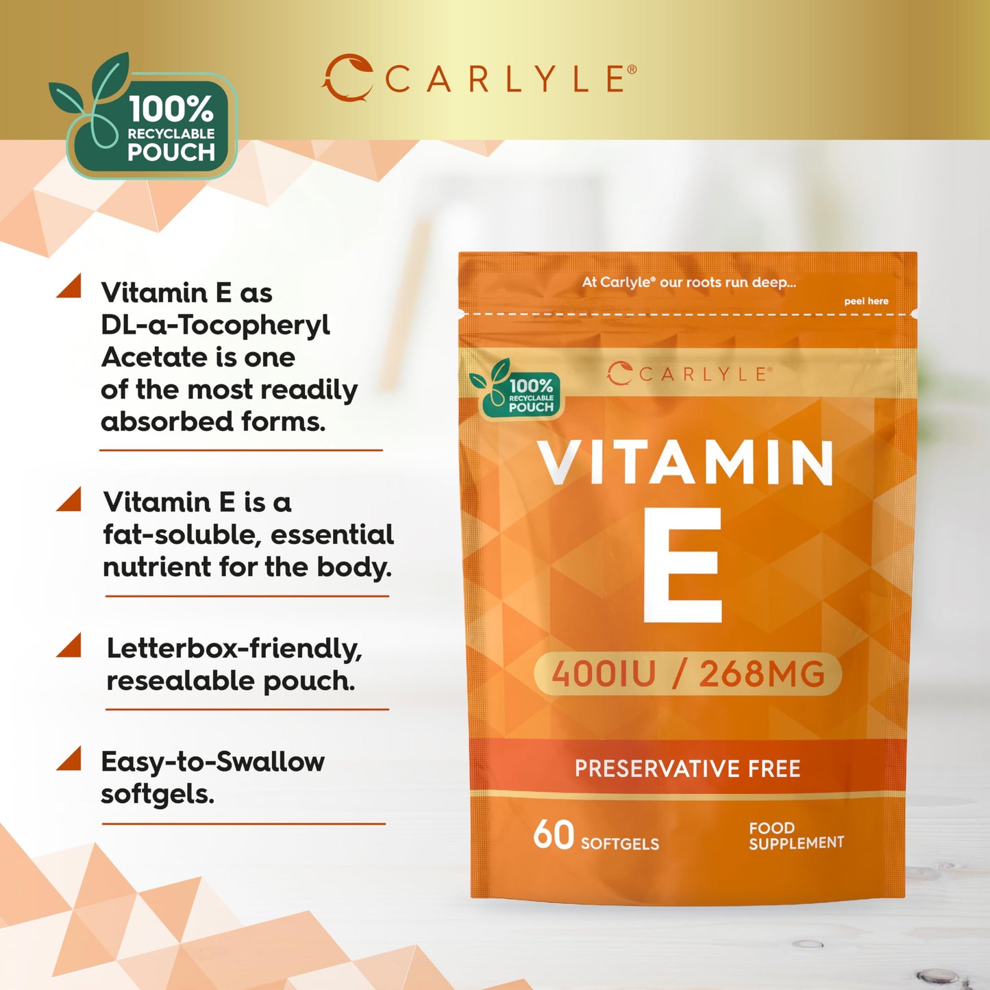 Vitamin E Capsules 400iu | 60 Count | Vitamin E as DL-Alpha Tocopheryl Acetate | No Artificial Preservatives | by Carlyle