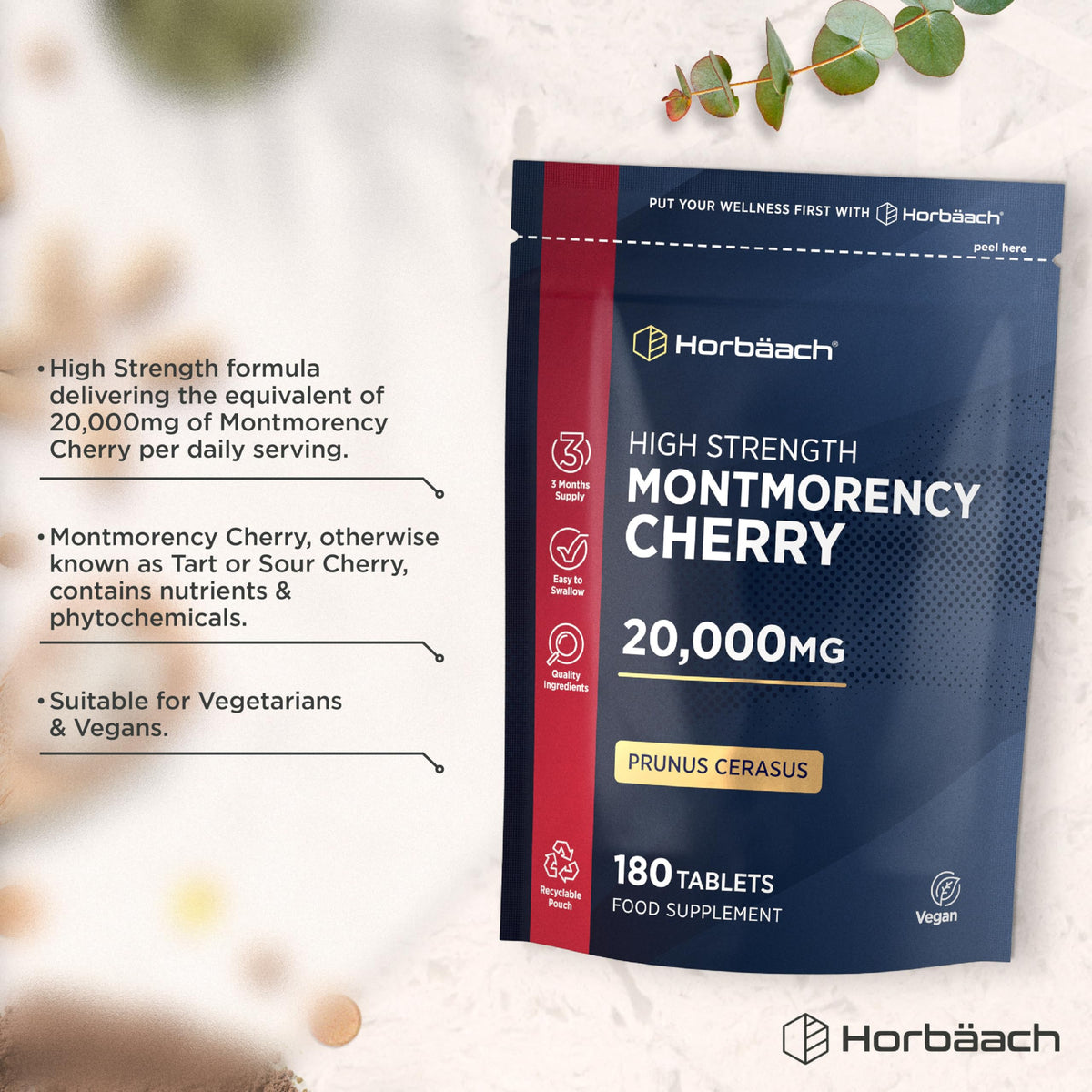 Horbäach Montmorency Cherry Tablets 20,000mg | 180 Tart Cherry Active Pills - 3 Months Supply | 50:1 Natural Tart Cherry Extract Supplement for Men & Women | Vegan | by Horbaach