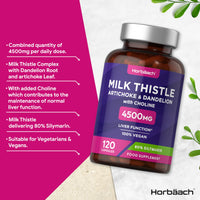 Milk Thistle Capsules 4500mg | 80% Silymarin | Hisht Strength Complex with Artichoke, Dandelion and Choline | 120 Capsules | 100% Vegan Supplement | by Horbaach