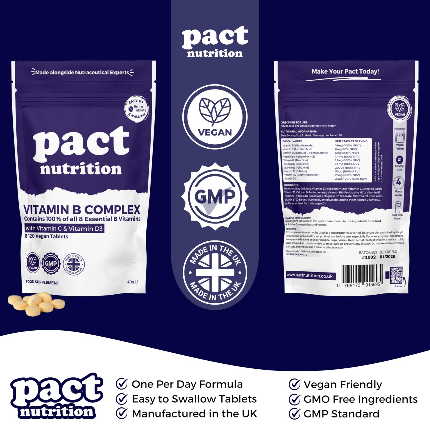Vitamin B Complex High Strength - with Vitamin D3 & Vitamin C - All 8 Essential B Vitamins - 120 Easy to Swallow Tablets - VIT B Vegan Supplement - Pact Nutrition