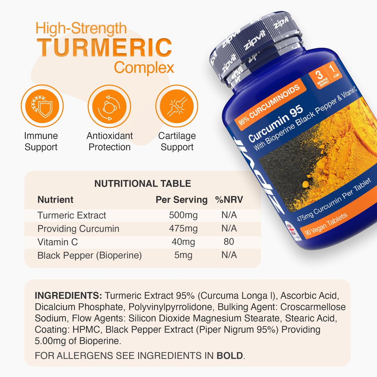Zipvit Curcumin Tablets, 95% Active Curcuminoids with Black Pepper & Vitamin C, 90 Vegan Tablets, 3 Months Supply, Turmeric Supplement