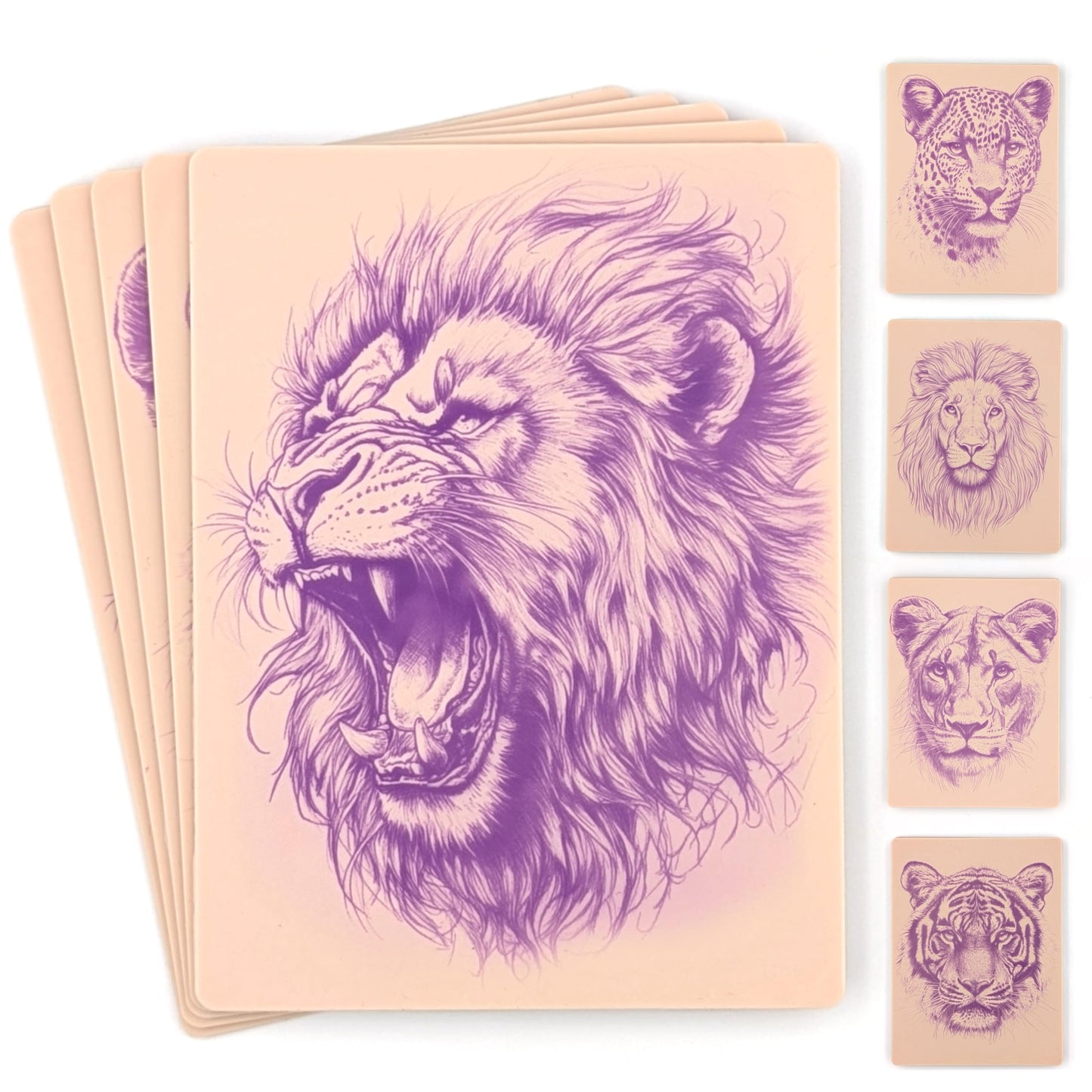 Stencil Skins Pre-Printed Tattoo Practice Skins - 5 Pack | Pre-Printed Designs | Big Cat Set | Premium 3mm Thick | Fake Skin