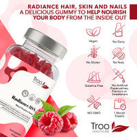 Troo Health Care Radiance HSN 60 Raspberry Flavour Gummies - Advanced Hair Skin & Nails Supplement for Men & Women - 13 Essential Nutrients Inlcuding Biotin