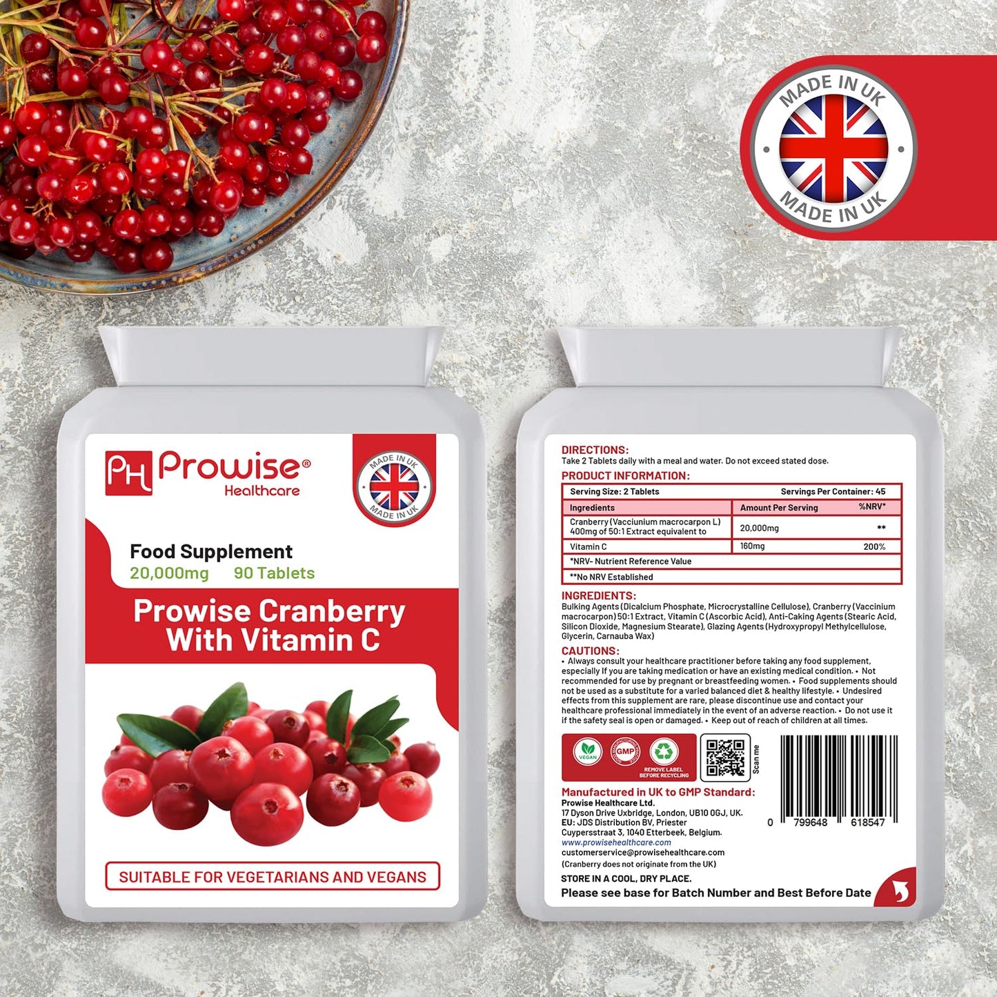 PH PROWISE Healthcare Double Strength Cranberry 20,000mg Added with Vitamin C - 90 Vegan Tablets I Easy to Swallow Tablets | GMO Free Ingredients I Made in UK by Prowise Healthcare