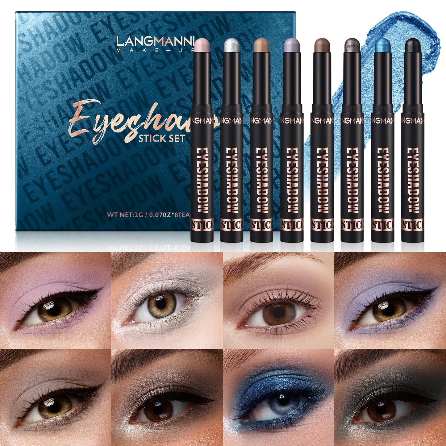 LANGMANNI 8Pcs Eyeshadow Stick Gift Set,Soft Smooth Cream With Matte Earth & Metal Colors, Waterproof & Long-Lasting, Beauty & Personal Care Eye Shadow Stick For Daily Makeup & Special Occasions (#C)