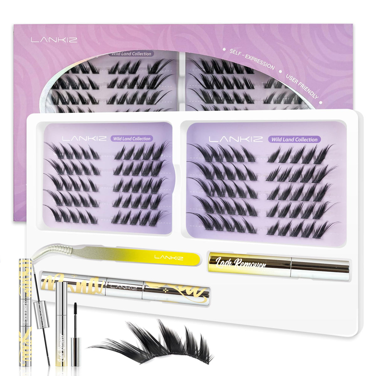 LANKIZ Cluster Lashes Kit，Lankiz Biomimetic Individual Eyelashes KIT with Lash Bond Seal and Remover Lashes Wispy C Curl Reusable Lash Extensions 100PCS DIY Waterproof(Parseltongue)
