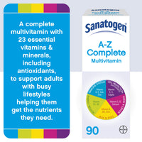 Sanatogen A-Z Complete Multivitamin Tablets for Men and for Women, Contains Vitamin D, Vitamin C, Iron, Calcium Supplement, 1 Pack of 90 Tablets - 3 Months Supply