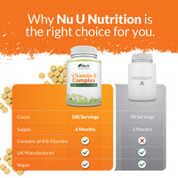 Vitamin B Complex High Strength - 180 Vegan Tablets - 6 Month Supply - Contains All 8 B Vitamins in 1 Tablet - Vitamins B1, B2, B3, B5, B6, B12, Biotin & Folic Acid - Nu U Nutrition