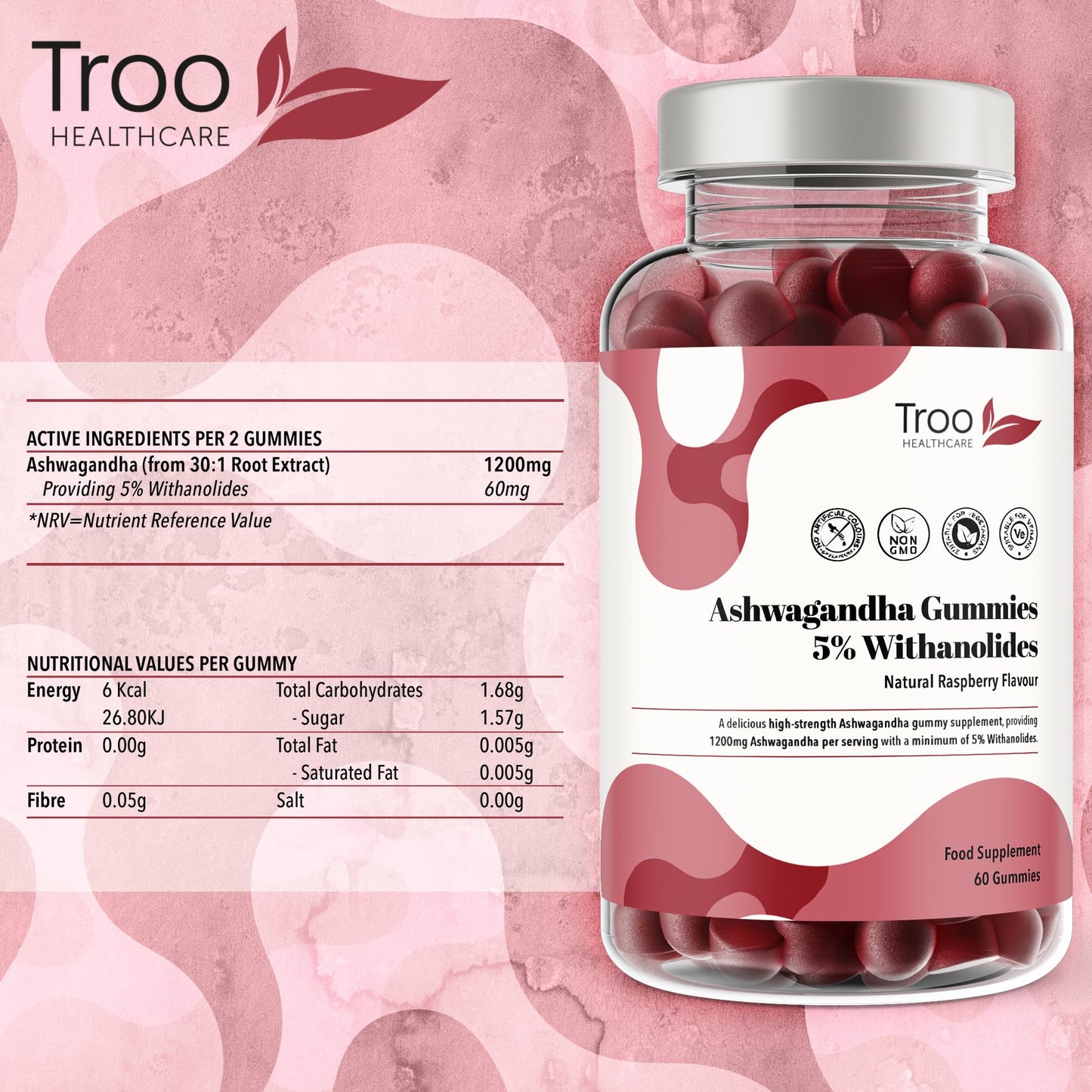 Troo Health Care Ashwagandha Gummies 1200mg - 60 Delicious Natural Raspberry Flavour Gummy Chewables - Ashwagandha Root Extract Supplement with 5% Withanolides - Vegan & Gluten-Free