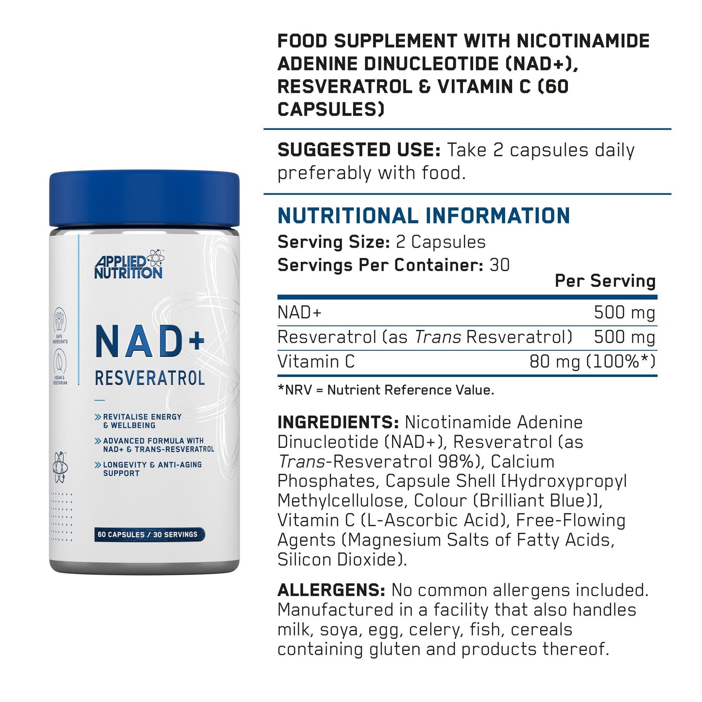 Applied Nutrition NAD+ Resveratrol 500mg per Serving with Vitamin C, Cellular Health, Energy and Healthy Aging Support, Antioxidant Supplement, 60 Capsules (30 Servings)
