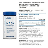 Applied Nutrition NAD+ Resveratrol 500mg per Serving with Vitamin C, Cellular Health, Energy and Healthy Aging Support, Antioxidant Supplement, 60 Capsules (30 Servings)