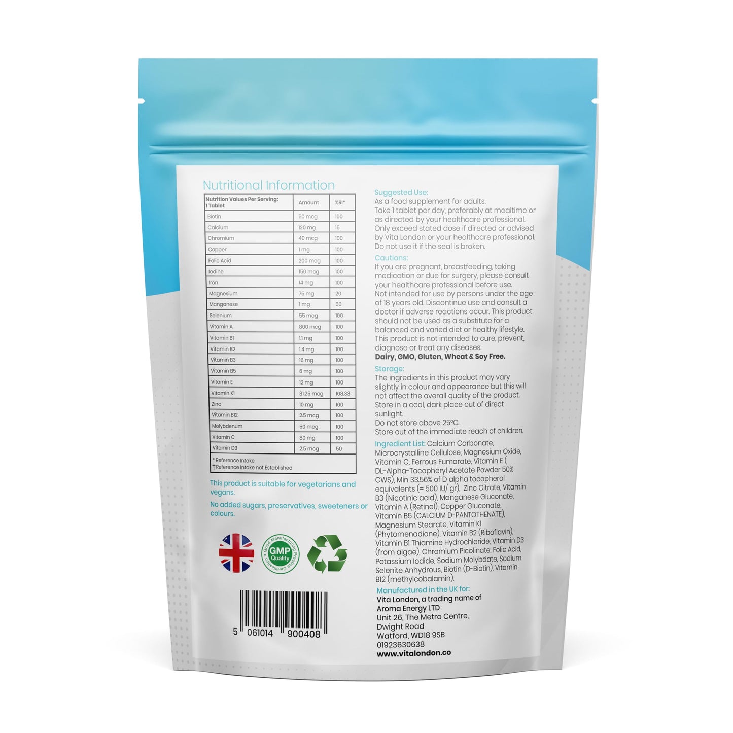 Multivitamin Tablets for Men & Women | 22 Essential Active Multi Vitamins & Minerals | 4 Month Supply (Tablet, not Powder or Capsule) | Food Supplement Made in UK, Vegan