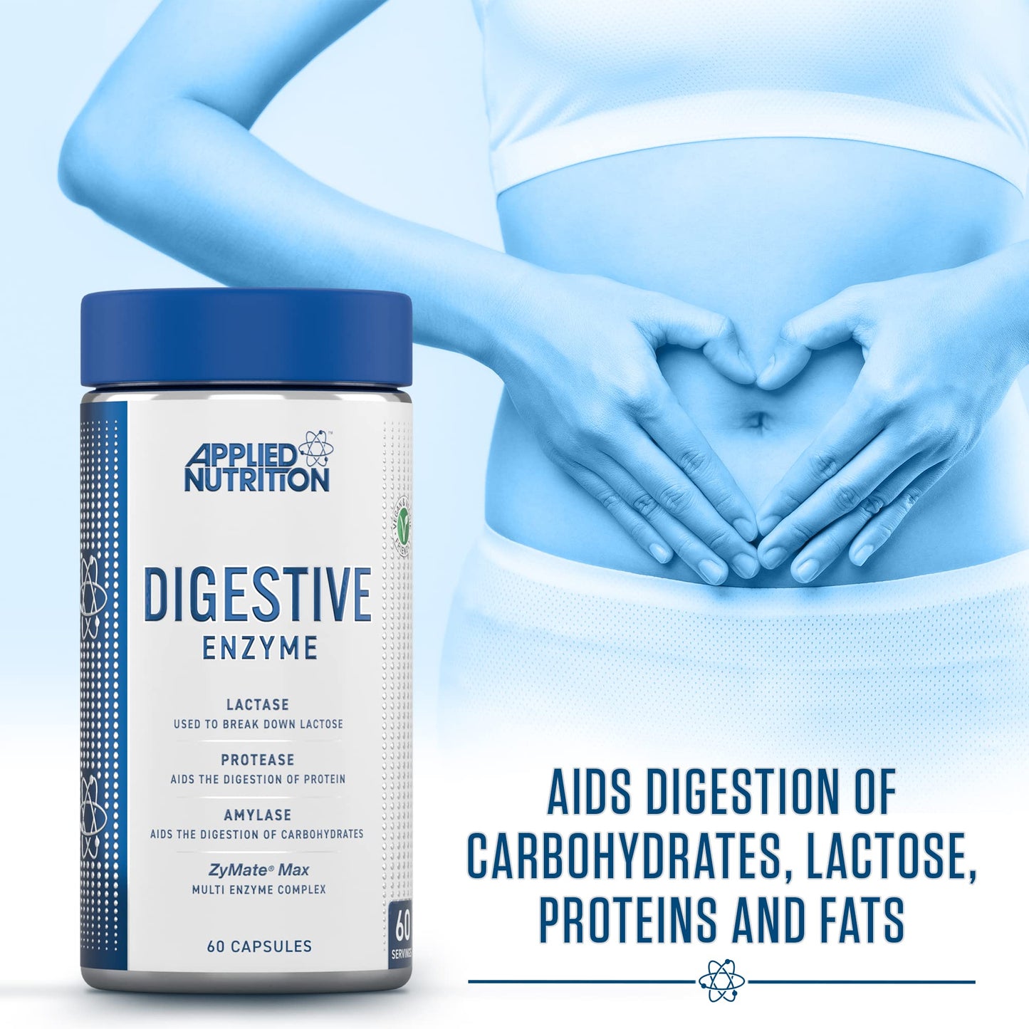 Applied Nutrition Digestive Enzyme - Vegan Digestive Enzymes Capsules, with Lactase, Protease, Amylase, Aids Digestion of Carbohydrates, Lactose, Proteins, Fats, for Flatulence Control (60 Servings)