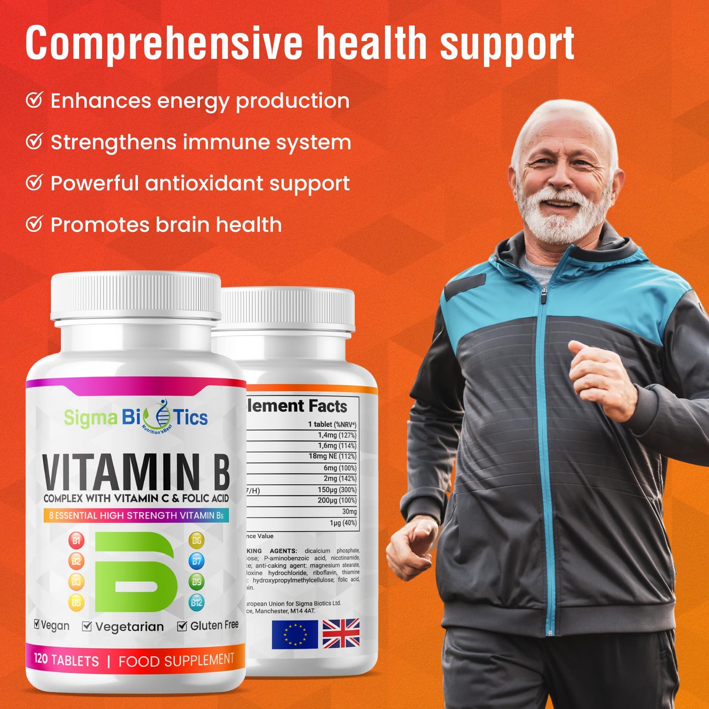 SigmaBiotics Vitamin B Complex Tablets - Blend of 8 B Vitamins & Vitamin C - Folic Acid, B1, B2, B3, B5, B6 and Vitamin B12 Supplement - Vegan & Gluten Free - 120 Tablets