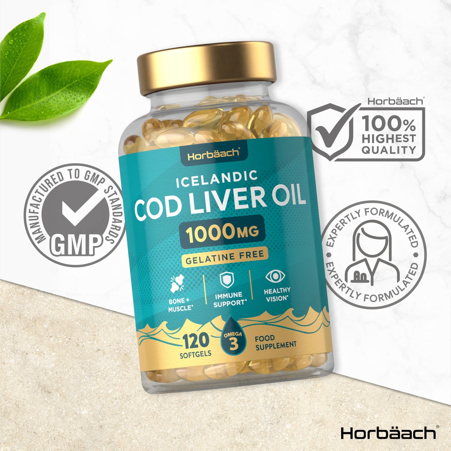 Cod Liver Oil Capsules High Strength 1000mg | 120 Count | Gelatine Free | with Vitamin A, D and Omega 3 DHA/EPA | Suitable for Pescatarians | by Horbaach