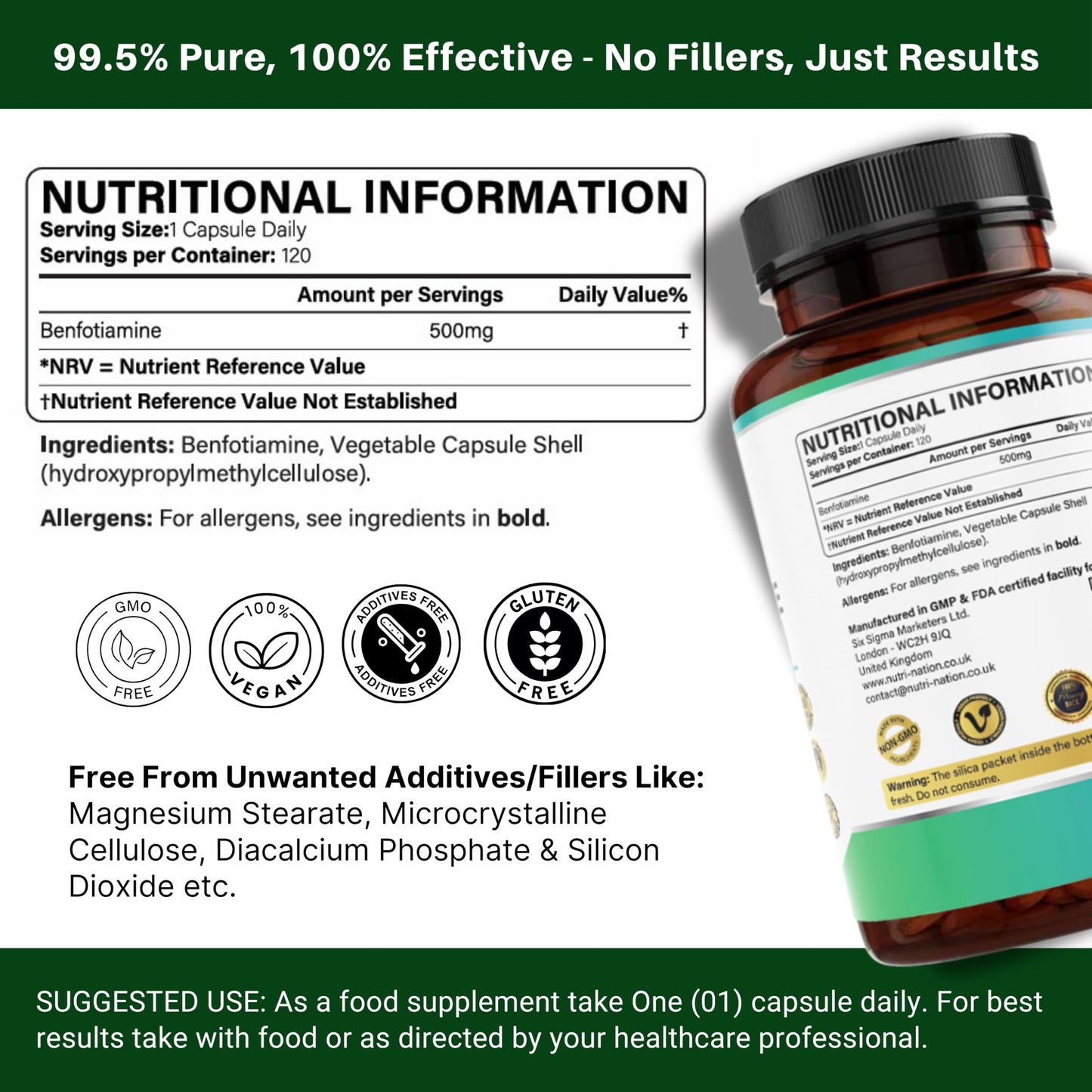 Benfotiamine 500mg x 120 Capsule | 4 Months Supply | Fat Soluble Vitamin B1 (Thiamine) for Nerve Health & Cognitive Enhancement | Vegan, Non-GMO & Gluten Free | Zero Additives | Third Party Lab Tested