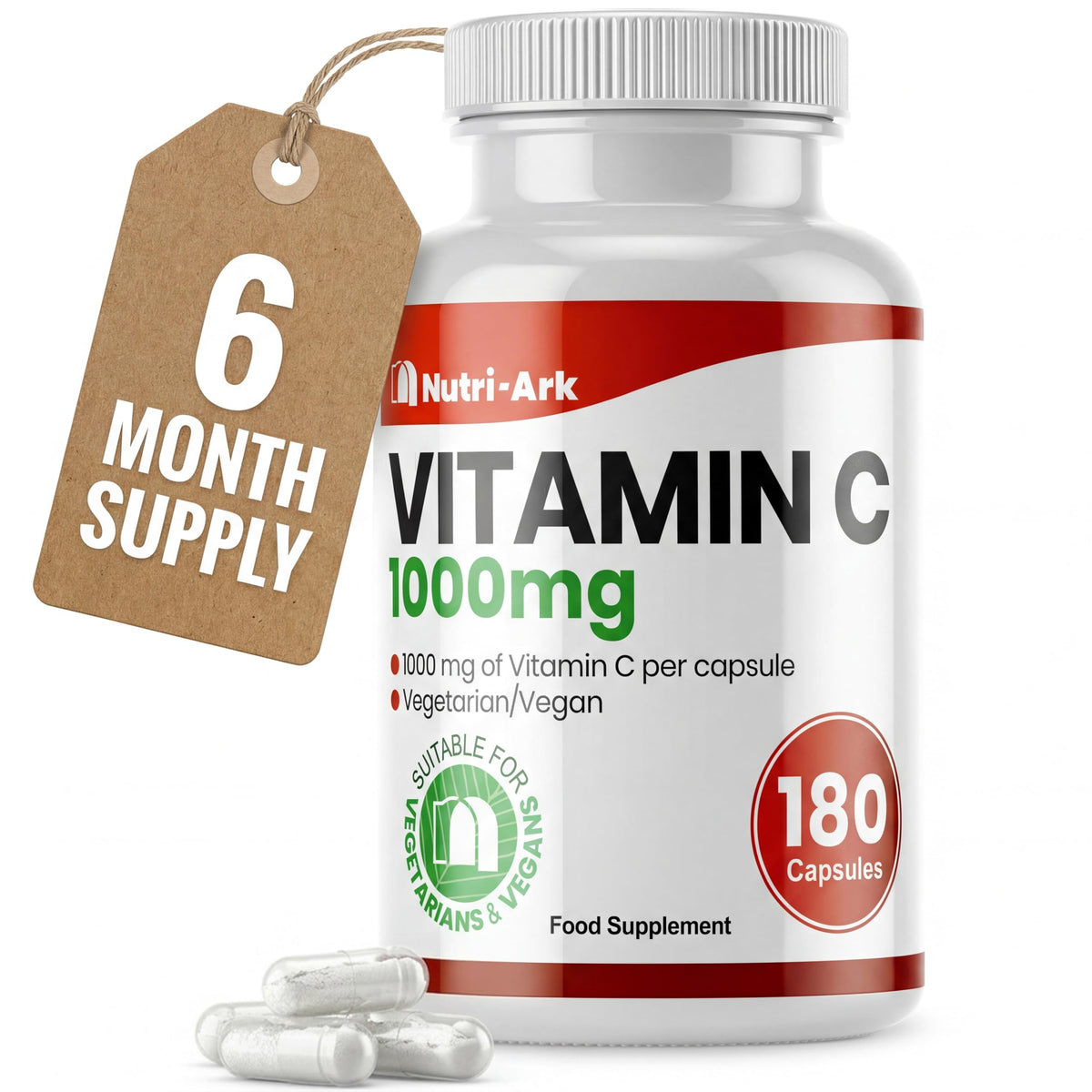 Nutri-Ark Vitamin C 1000mg | 180 Capsules (6 Month Supply) | High Strength Ascorbic Acid | Vegan & Vegetarian Friendly | Manufactured in the UK