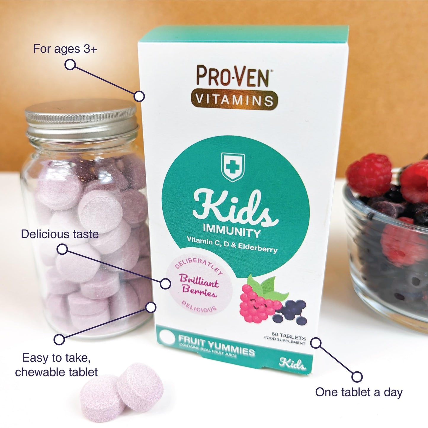 Proven Children's Vitamins - Immune System Booster Kids - 60 Delicious Chewable Daily Immunity Tablets with Vitamin C, D & Elderberry Extract, Carefully Formulated for Bone, Teeth & Muscle Health