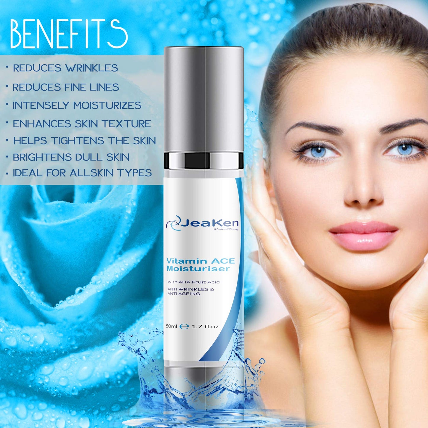 JeaKen FACE MOISTURISER with Vitamins ACE- Anti Aging Face Cream with Hyaluronic Acid and AHA Fruit Acid- Moisturiser Face Women and Men- Anti Wrinkle Face Cream Boosts Collagen Production- 50ml Vegan Bottle