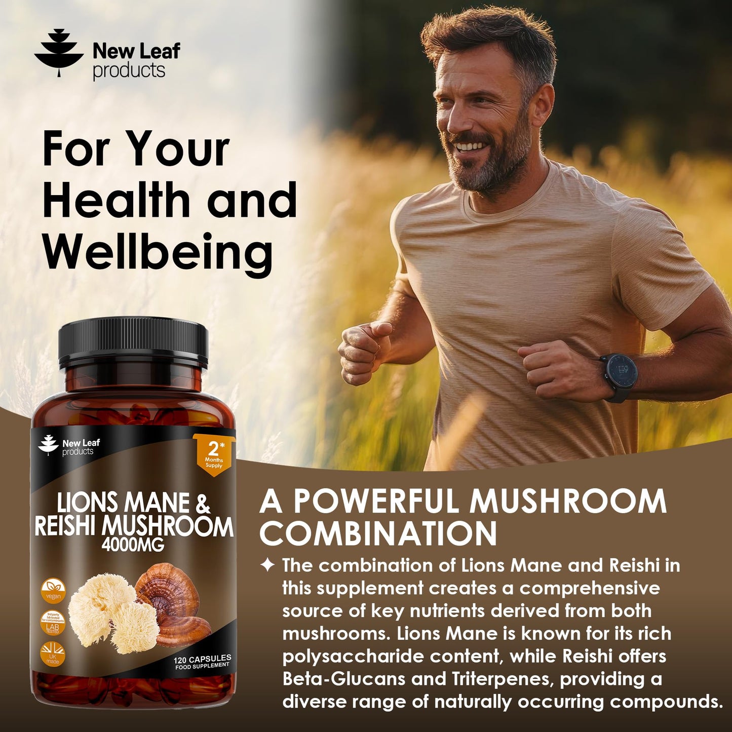 Lions Mane & Reishi Mushroom Capsules - High Strength 4000mg Lions Mane Supplement with Reishi - 120 Vegan Lions Mane Mushroom Powder + Reishi Mushroom Capsules - Made in UK by New Leaf