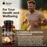 Lions Mane & Reishi Mushroom Capsules - High Strength 4000mg Lions Mane Supplement with Reishi - 120 Vegan Lions Mane Mushroom Powder + Reishi Mushroom Capsules - Made in UK by New Leaf