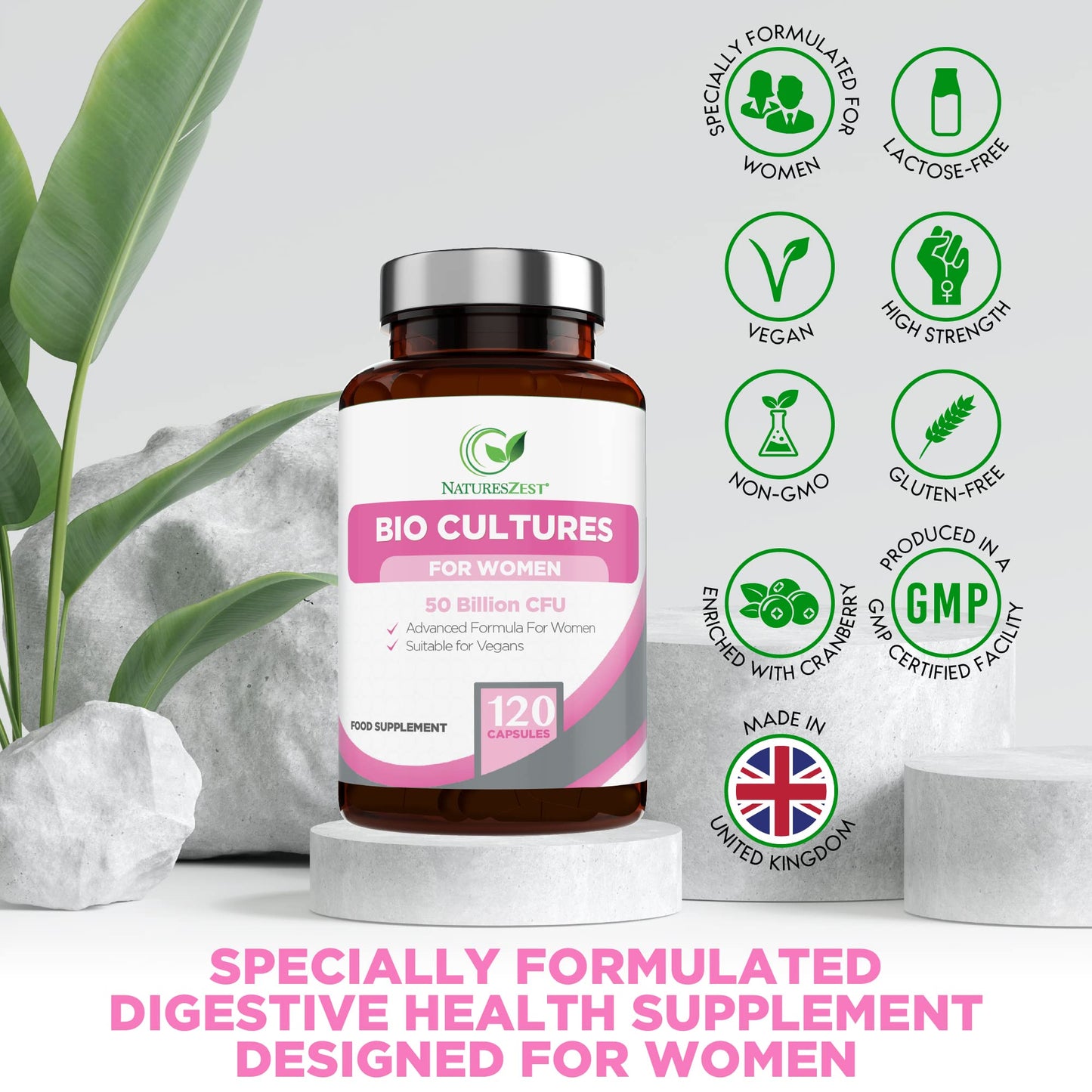 Probiotics for Women - 50 Billion CFU with Prebiotics and Cranberry – 120 Vegan Caps – Women’s Probiotic Supplement with Lactobacillus Reuteri and Acidophilus Probiotic, UK Made – Packaging May Vary