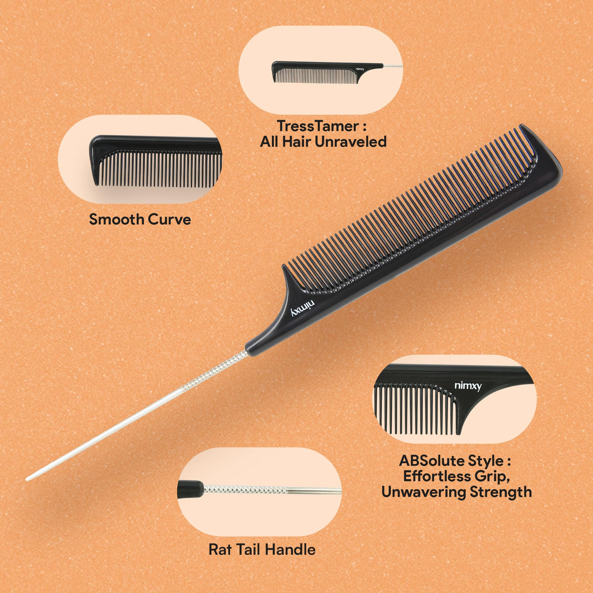 N Nimxy Nimxy Black Pin Tail Comb 1 Pc - Parting Rat Tail Hair for Hairdressing barber salon men women - Fine Tooth Comb with Stainless Steel
