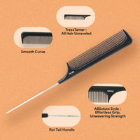 N Nimxy Nimxy Black Pin Tail Comb 1 Pc - Parting Rat Tail Hair for Hairdressing barber salon men women - Fine Tooth Comb with Stainless Steel