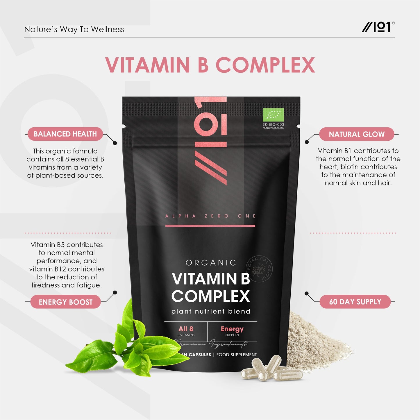ALPHA01 Organic Vitamin B Complex – 100% Plant Based Blend – 60 Vegan Capsules – All 8 B Vitamins B1 B2 B3 B5 B6 B7 B9 B12 – Energy Support – by Alpha01