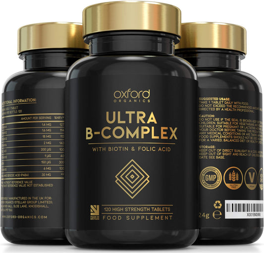 Ultra Vitamin B Complex High Strength | 120 Vegan Tablets, 4 Month Supply | All B Vitamins - Vitamin B12, Folic Acid (B9), Biotin (B7), B6, B5, B3, B2, B1 | VIT B Complex Supplement | Made in The UK