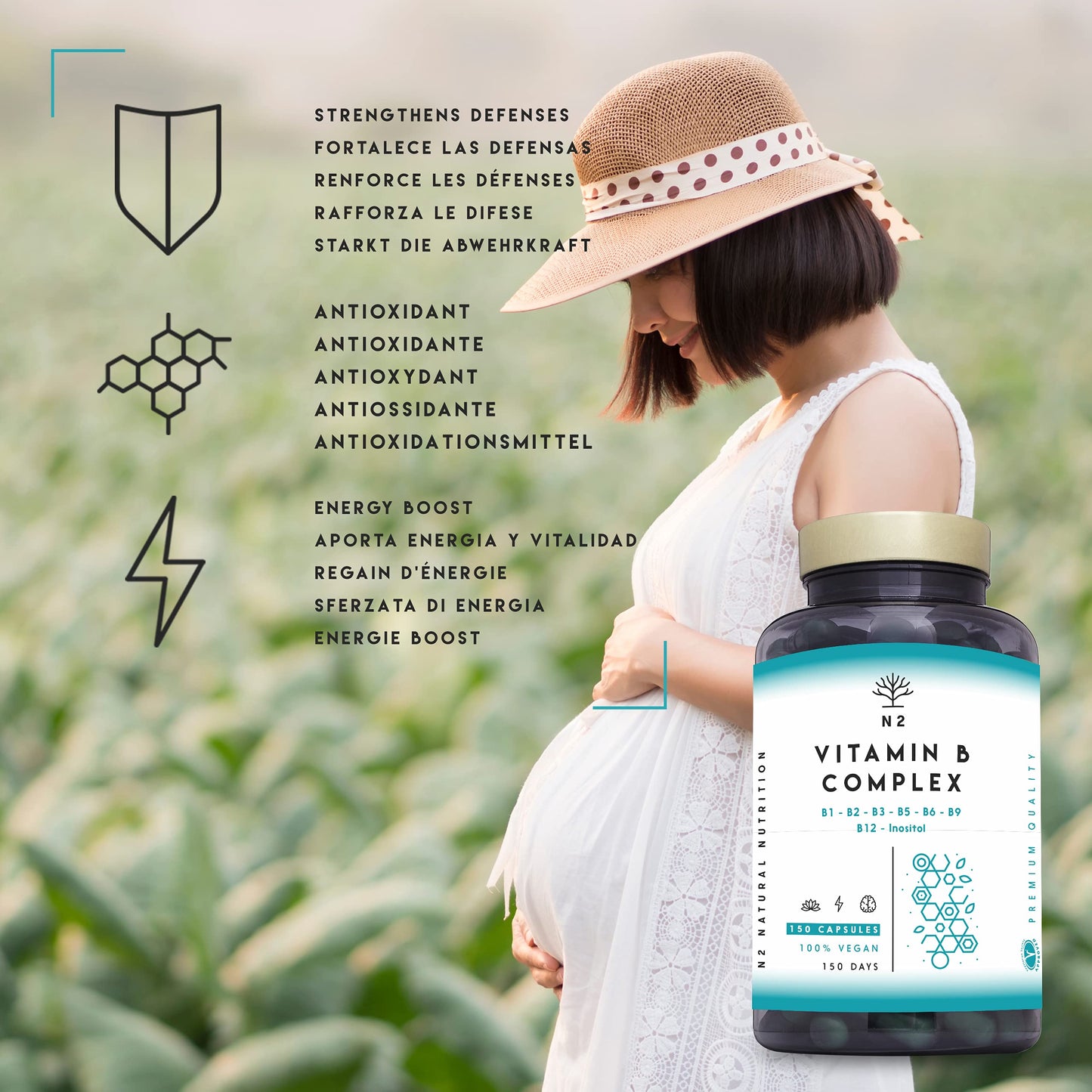 Vitamin B Complex High Strength. Vitamin B12, B9 (folic Acid), B7 (Biotin), B6, B5, B3, B2, B1,Inositol. Improves Mental Performance and Reduces Fatigue. 150 Capsules. Vegan. CE. N2 Natural Nutrition