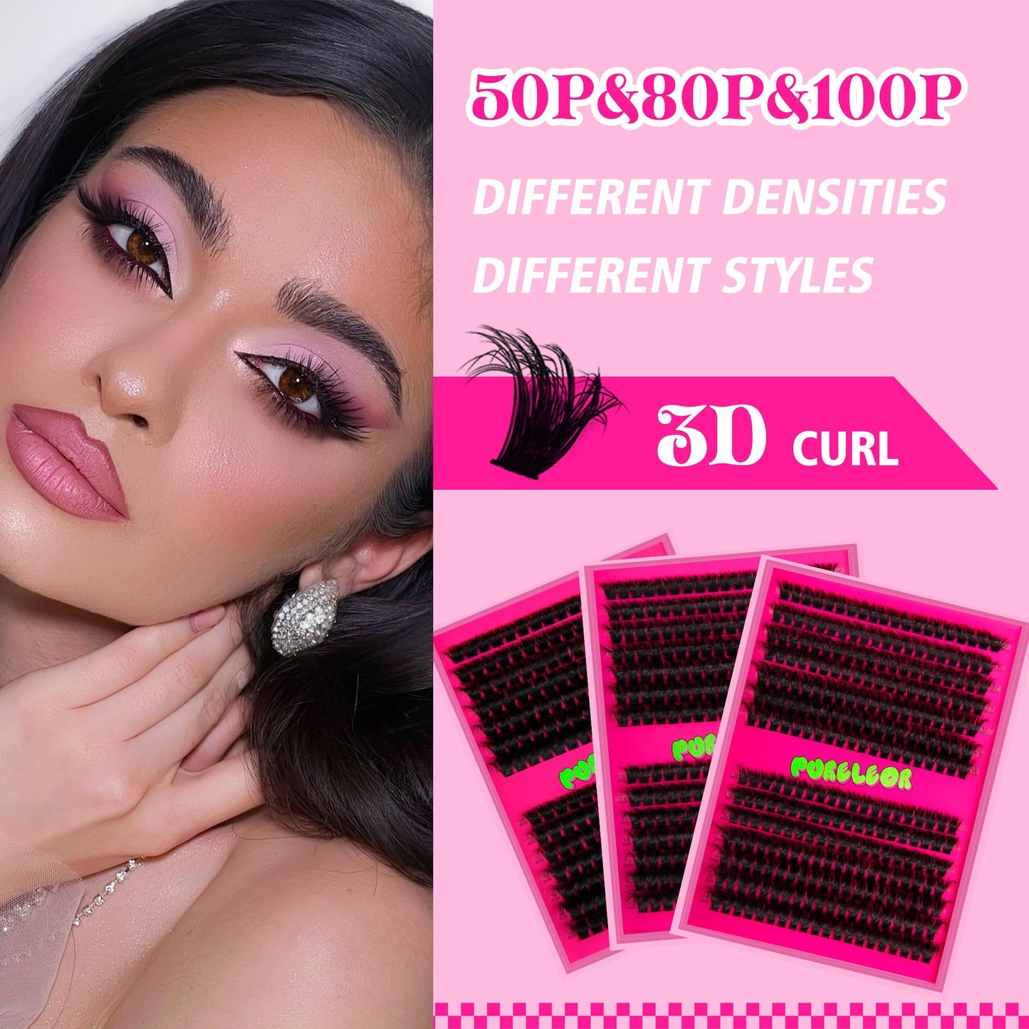 PURELEOR Cluster Lashes 100D Curl 10-16mm Mixed DIY Lash Clusters Individual Mega Cat Eyelash Extensions Look Soft Fluffy