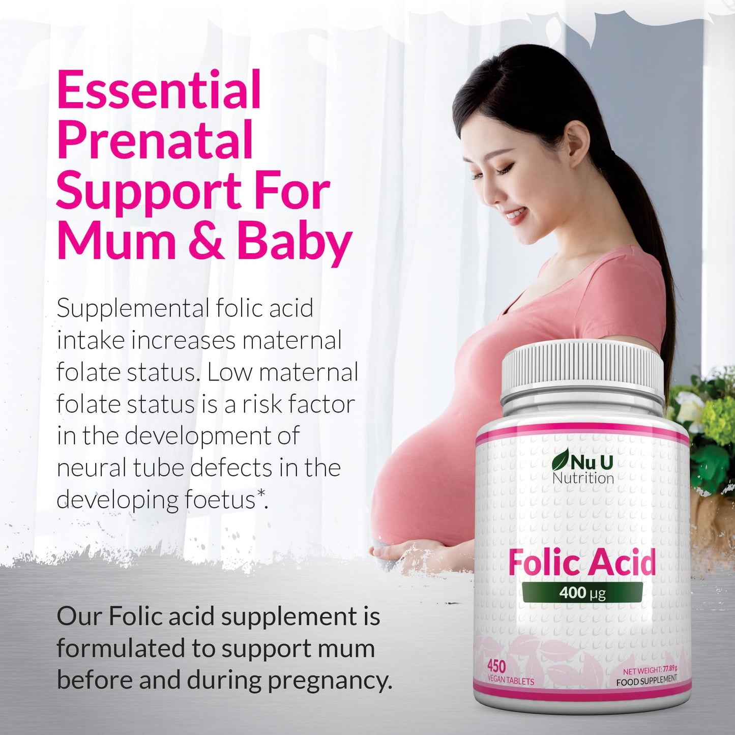 Nu U Nutrition Folic Acid 400 mcg - 450 Vegan Tablets - 15 Month Supply - High Strength Pregnancy Vitamins for Women - Vitamin B9 Supports Maternal Tissue Growth During Pregnancy - Prenatal Vitamins