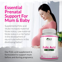 Nu U Nutrition Folic Acid 400 mcg - 450 Vegan Tablets - 15 Month Supply - High Strength Pregnancy Vitamins for Women - Vitamin B9 Supports Maternal Tissue Growth During Pregnancy - Prenatal Vitamins