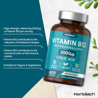 Vitamin B12 Tablets | 2000mcg | 400 Vegan Tablets | High Strength Supplement | Complex Formula with Folic Acid | by Horbaach