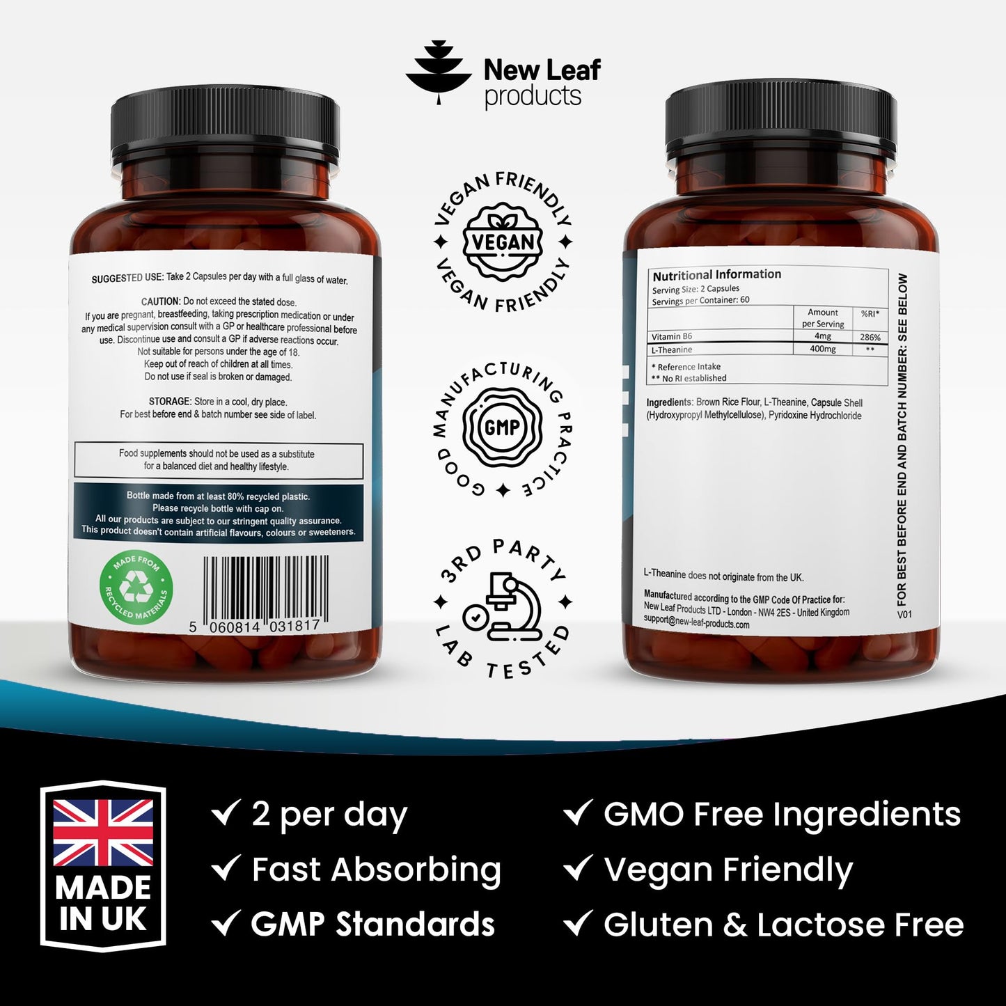 L Theanine Enriched with Vitamin B6 - High Strength L Theanine 400mg Natural Nootropics from Green Tea - 120 Vegan L-Theanine Capsules - Made in The UK Theanine Supplements by New Leaf