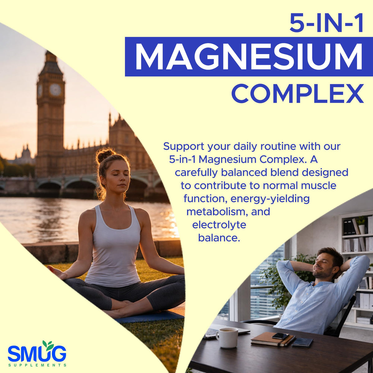 Magnesium Glycinate 5-in-1 Complex – 1850mg Blend – 347.5mg Elemental – 60 Vegan Capsules with Zinc 10mg & Vitamin B6 25mg – Made in Britain – SMUG Supplements