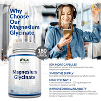 Magnesium Glycinate Supplements 1000mg (Bisglycinate) - 180 High Strength Vegan Capsules - 3 Month Supply - Providing 200mg of Elemental Magnesium - Nu U Nutrition
