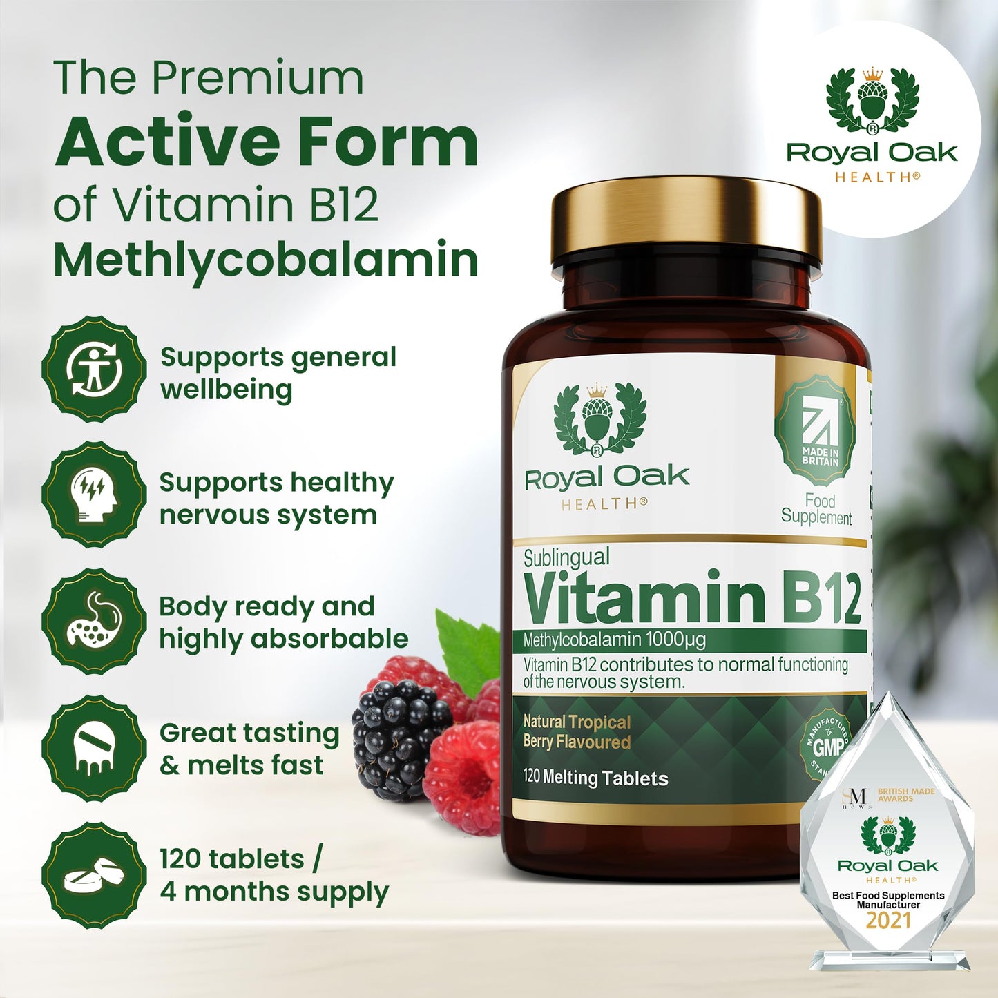 Vitamin B12 Tablets High Strength 1000mcg Sublingual Methylcobalamin, x120 Tablets (Tropical Berry Flavour) Active fast dissolving Vit B12 (4 Month Supply) Vegan Friendly Supplement - Royal Oak Health