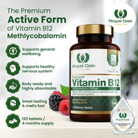 Vitamin B12 Tablets High Strength 1000mcg Sublingual Methylcobalamin, x120 Tablets (Tropical Berry Flavour) Active fast dissolving Vit B12 (4 Month Supply) Vegan Friendly Supplement - Royal Oak Health