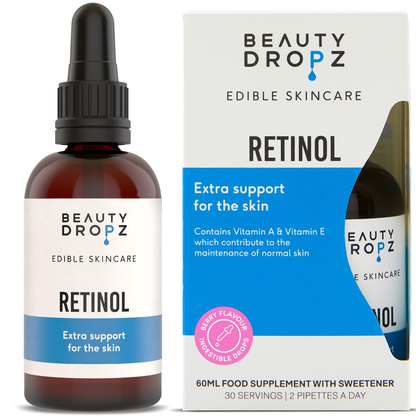 Beauty Dropz Retinol Oral Skin Care Drops – Fine Line Reduction – Vitamin A (Retinyl) – Youthful Glow – Vitamin E/Vegan Liquid Supplement for Radiant Skin – Berry Flavour – 60ml