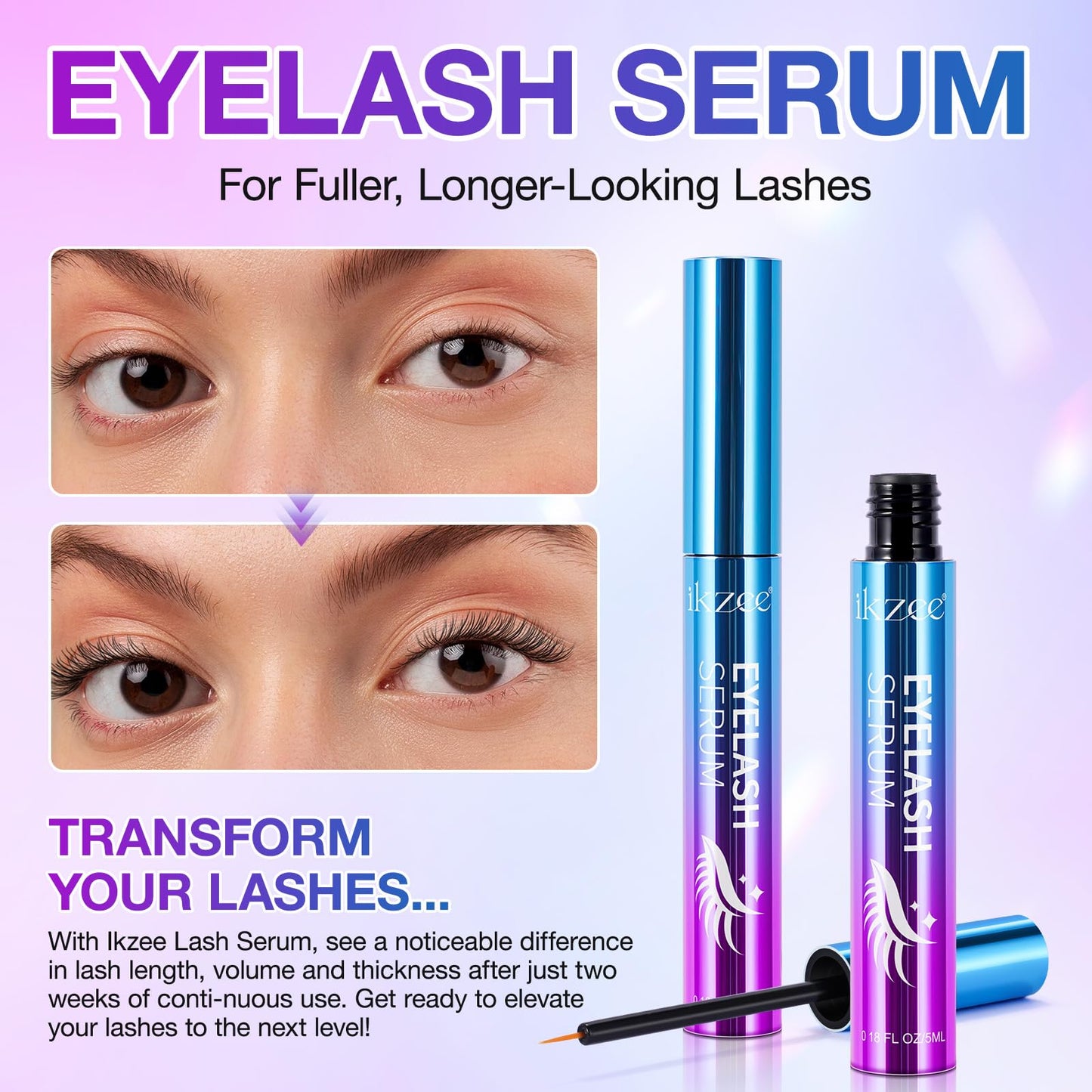 RoongDuuDll 2 Pack Eyelash Growth Serum - Lash Serum for Eyelash Growth, Eyelash Serum to Grow Lashes for Women, Eye Lash Serum Growth to Boost Thicker, Fuller, and Longer Lashes, 5ml
