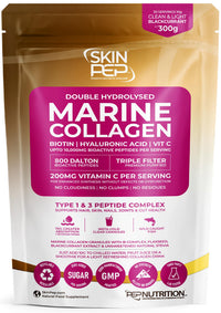 Premium Hydrolysed Marine Collagen Peptide Powder + VIT C, B Complex Hyaluronic Acid, & Stevia. Clean Light Taste/No Fishy Smell - SkinPep Collagen Re-Nu 300g - 30 Days Supply