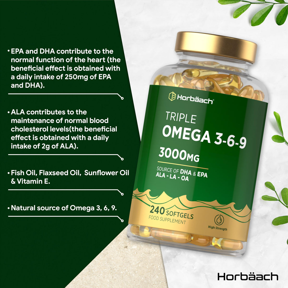 Horbäach Triple Omega 3 6 9 Capsules 3000mg ALA, LA & OA | 240 Softgels | High Strength EPA & DHA Essential Fatty Acids | Supplement with Fish Oil, Flaxseed & Sunflower Oil | by Horbaach