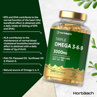 Horbäach Triple Omega 3 6 9 Capsules 3000mg ALA, LA & OA | 240 Softgels | High Strength EPA & DHA Essential Fatty Acids | Supplement with Fish Oil, Flaxseed & Sunflower Oil | by Horbaach