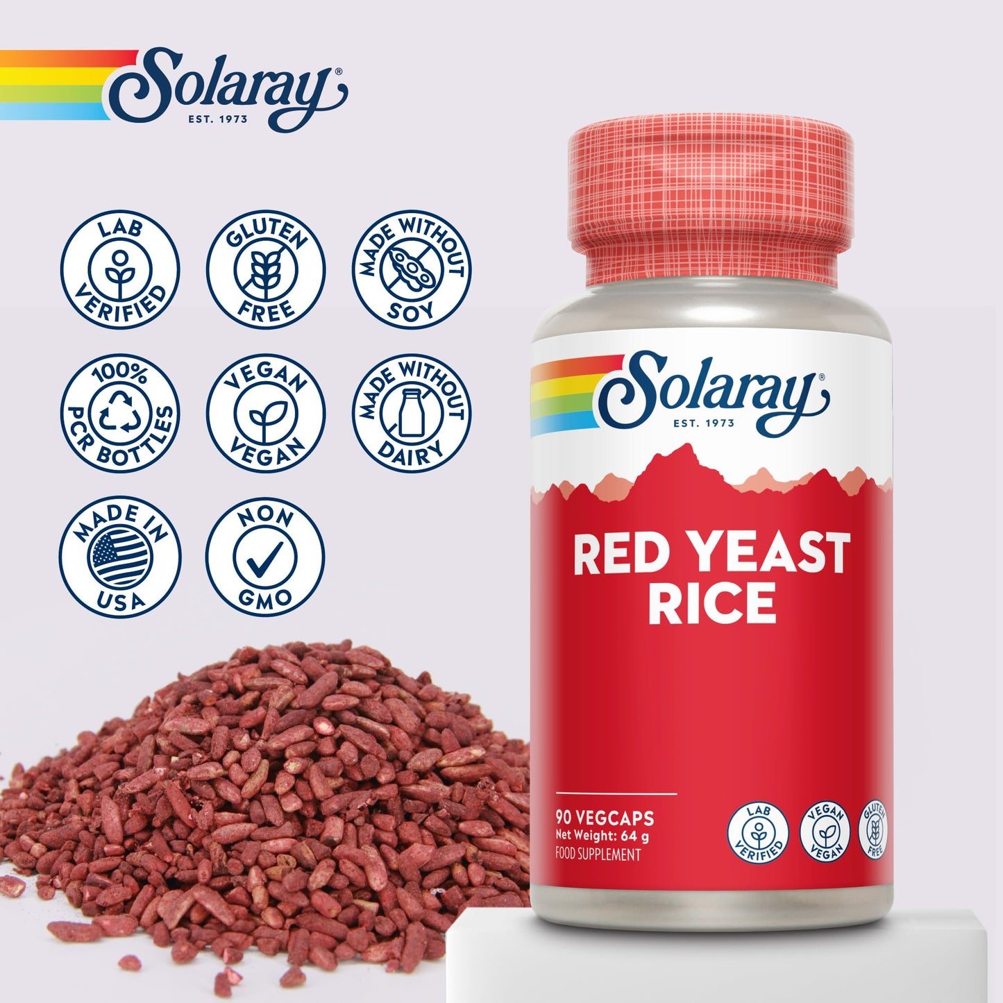 SOLARAY Red Yeast Rice - 90 Vegan Capsules - High Strength Supplement with Monacolin K - Lab Verified - Solaray