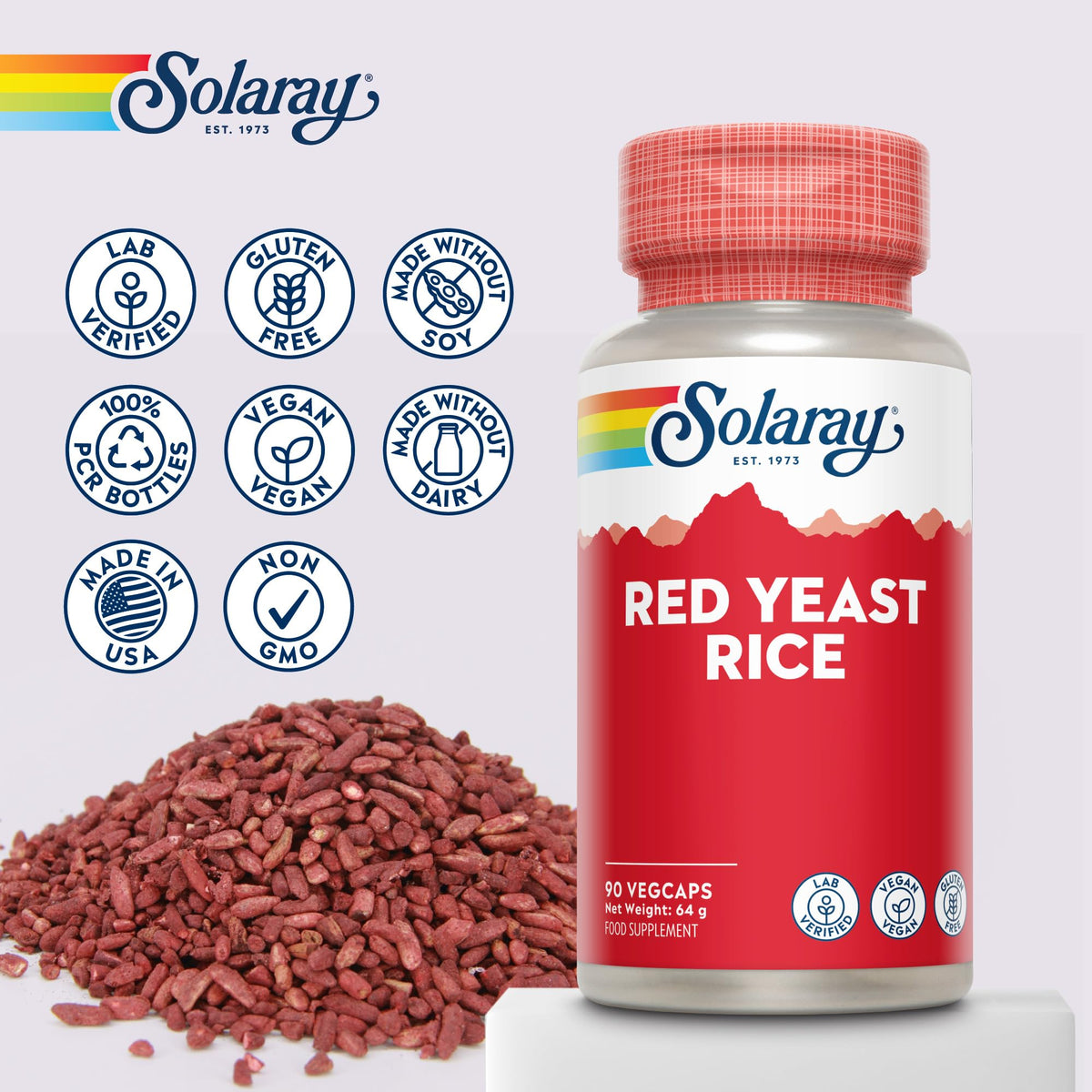 SOLARAY Solaray - Red Yeast Rice Extract - 90 Vegan Capsules - High Strength Herbal Supplement from Monascus Purpureus with Monacolin K - Lab Verified, GMO & Gluten Free